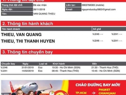 Thanh lý 1 vé máy bay khứ hồi Sài Gòn đi Thanh Hóa ngày 31/1/2019