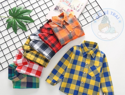 Áo Sơ Mi Cổ Đức Tay Dài Caro Cho Bé Trai, Bé Gái (Từ 9kg - 24kg)