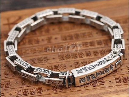 Lắc Tay Bạc Thái Om Mani Padme Hum 20cm Chữ Vạn cho Nam