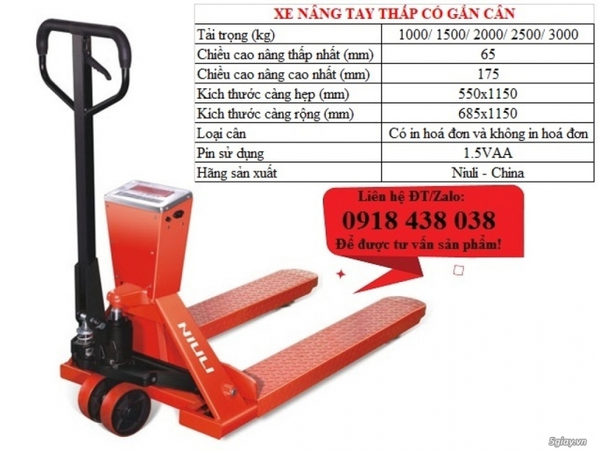 Xe nâng tay thấp gắn cân, xe nâng tay có cân điện tử giá rẻ