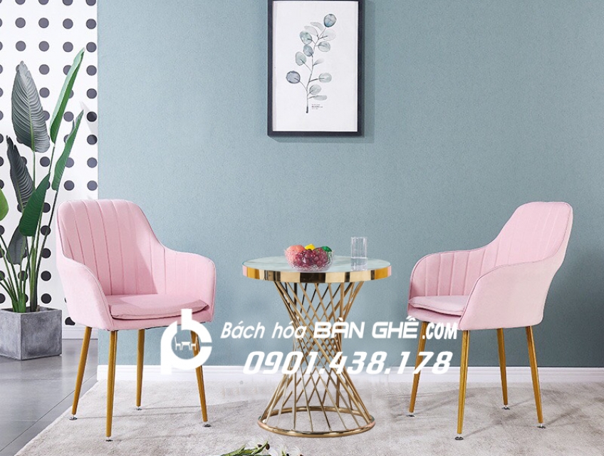 Bộ bàn nôm mạ vàng ghế nhung màu hồng tiếp khách cửa hàng văn phòng sp
