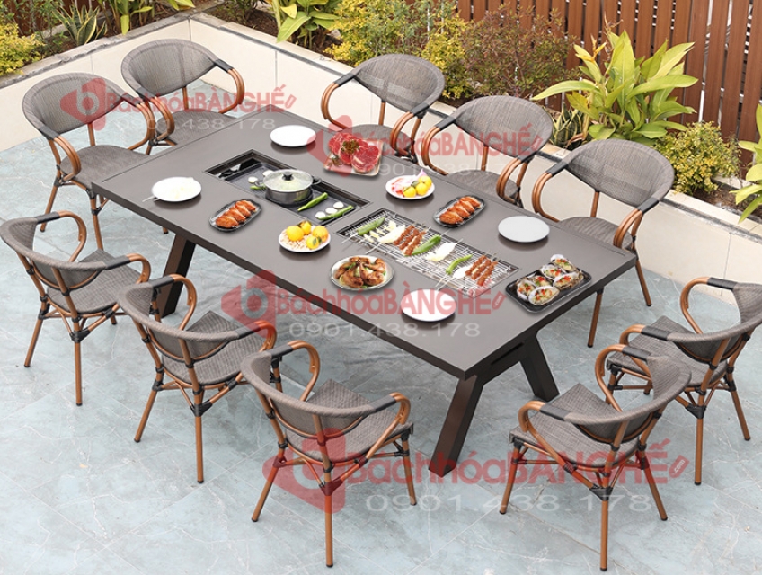 Bộ bàn ăn sân vườn, sân thượng 10 ghế hợp kim nhôm có bếp nướng và lẩu