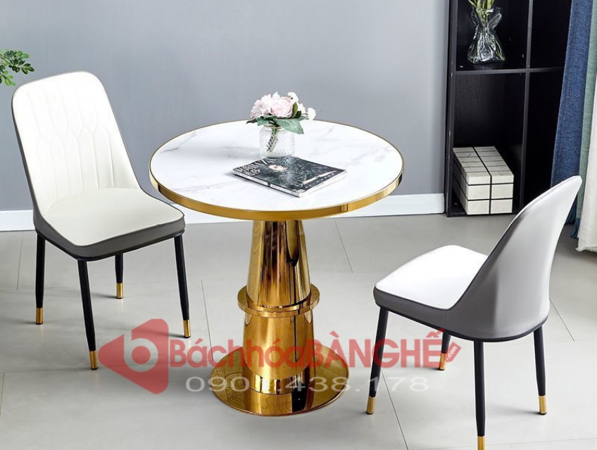 Bộ bàn tròn mạ vàng mặt đá ghế da Monet tiếp khách cửa hàng, văn phòng