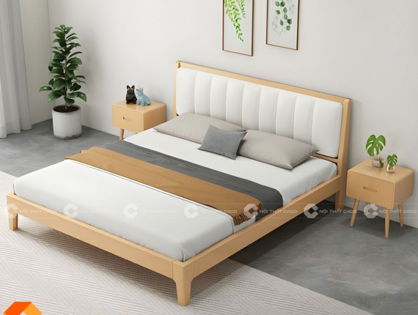 Giường Ngủ Gỗ Tự Nhiên Chân Thấp Bọc Nệm Đẹp