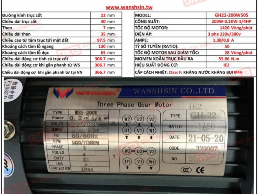 Mô tơ giảm tốc chân đế Wanshsin GH22-200W-50S lắp cho băng tải