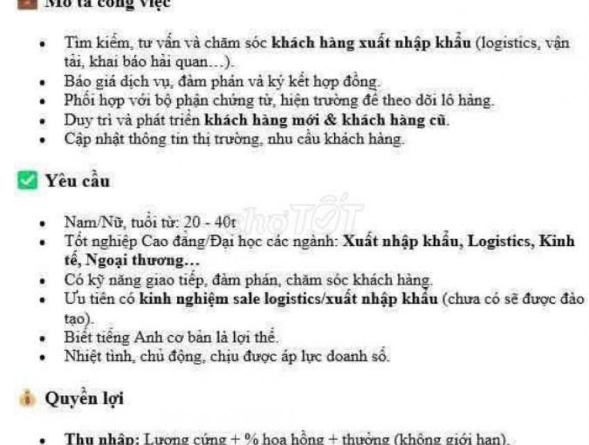 Tuyển nhân viên sales xuất nhập khẩu làm tại Hà Nội