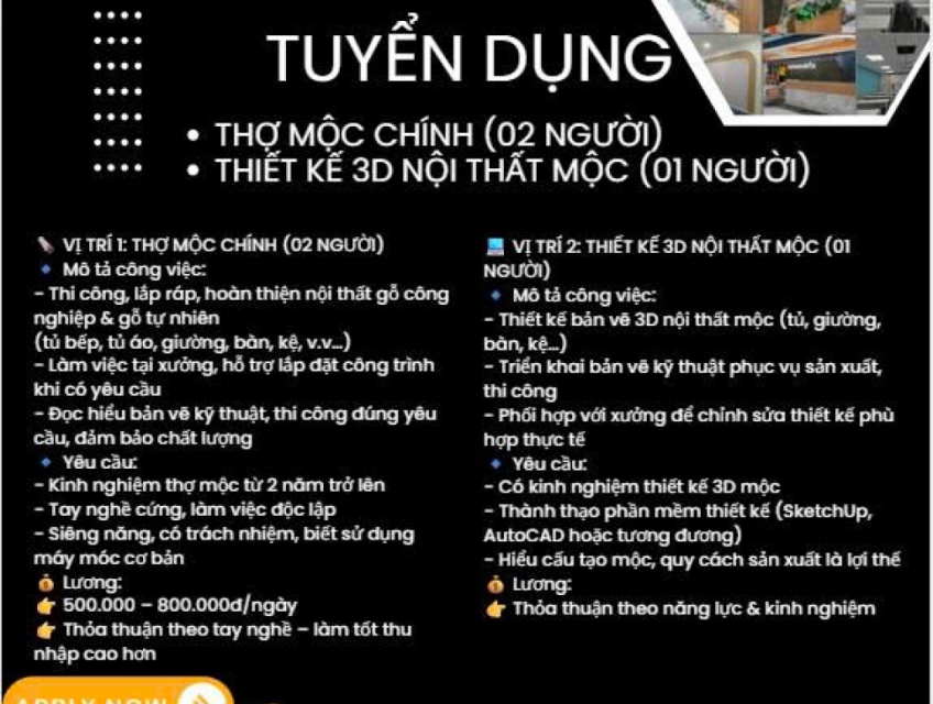 TUYỂN 02 THỢ MỘC TAY NGHỀ CỨNG & 01 THIẾT KẾ 3D MỘC
