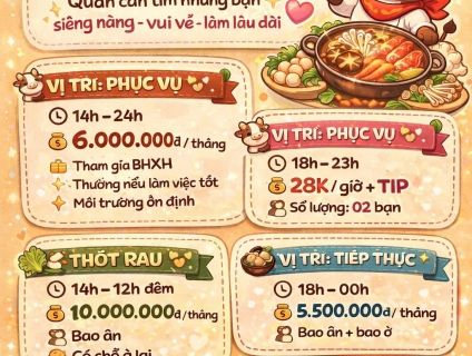 LẨU BÒ MÔNG CỔ tuyển phục vụ, thớt rau, tiếp thực làm tại Q1
