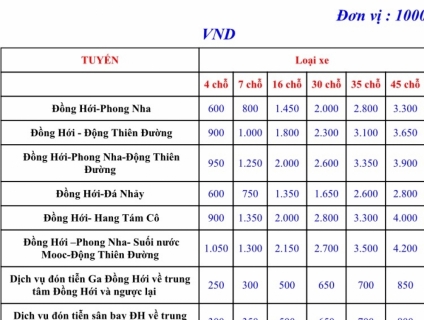 Dịch vụ cho thuê xe Du lịch giá rẽ uy tín tại Quảng Bình