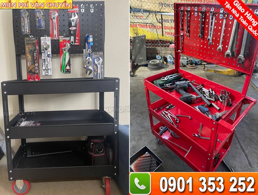 Xe đẩy 3 ngăn có gá treo dụng cụ " Chất lượng & giá rẻ"
