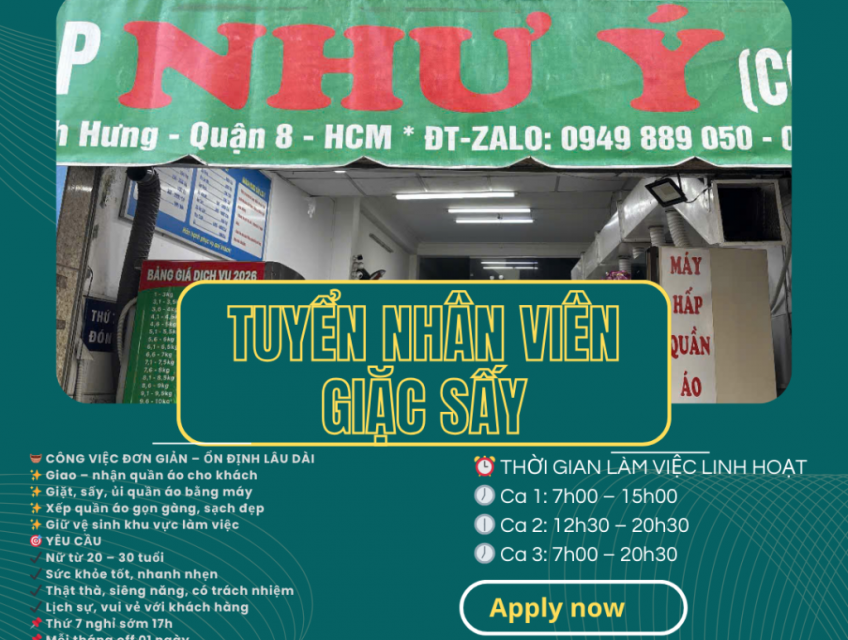 GIẶT SẤY NHƯ Ý TUYỂN DỤNG – ĐI LÀM NGAY