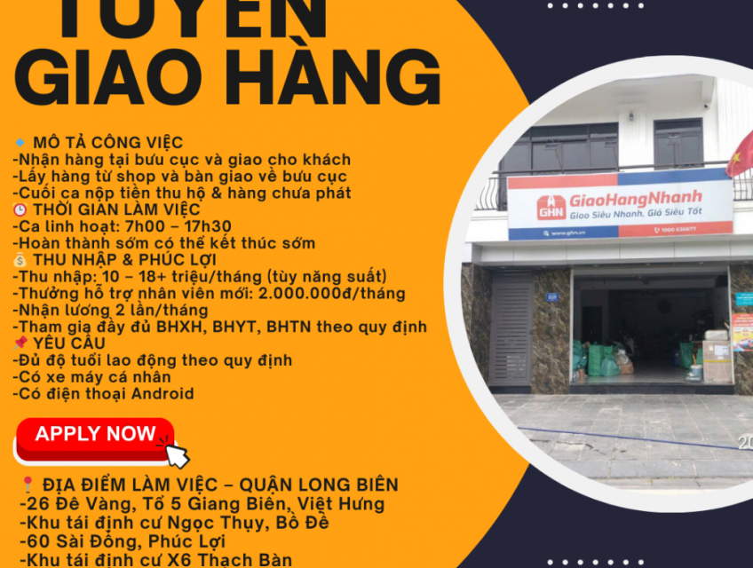 Tuyển Nhân viên giao hàng Long Biên