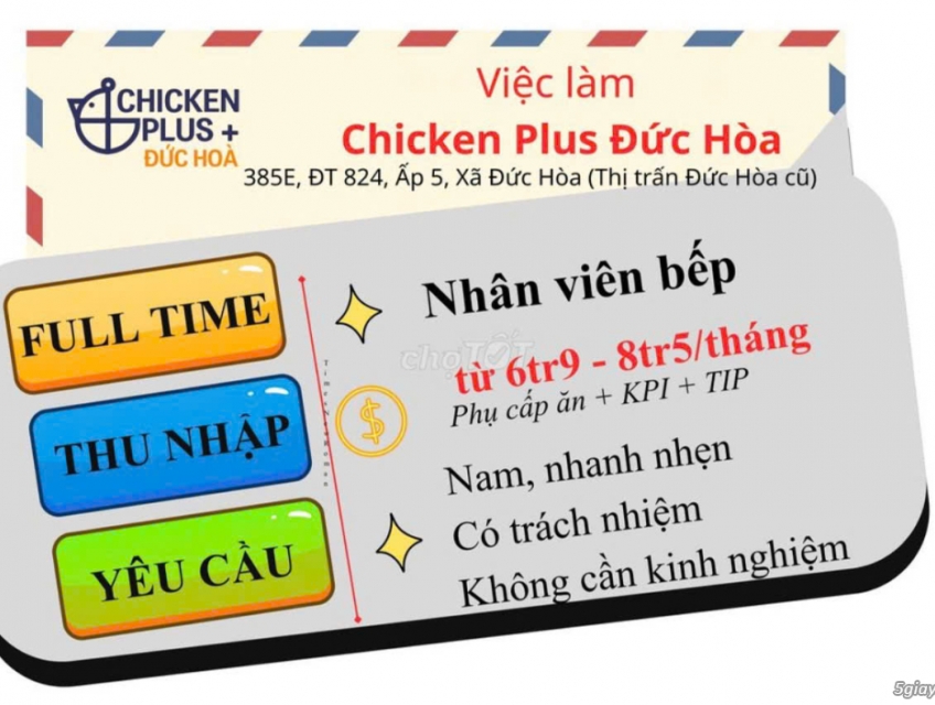 Chicken Plus Đức Hòa tuyển NAM NV Bếp Chiên Gà làm Đức Hoà Long An