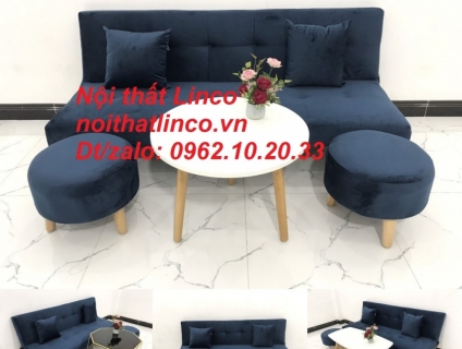 Bộ ghế sofa bed xanh dương đen đậm vải nhung giá rẻ đẹp Linco Sài Gòn