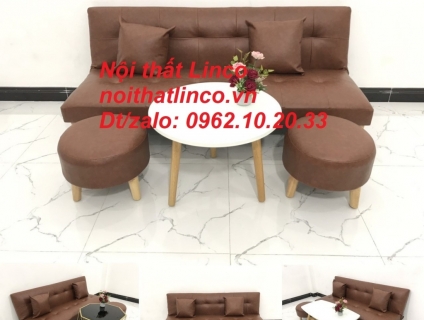 Bộ ghế sofa giường mini simili nâu cafe giá rẻ Nội thất Linco Tphcm