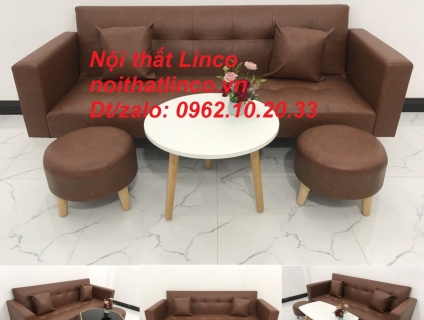 Bộ bàn ghế sofa giường nằm băng đa năng simili nâu Nội thất Linco SG