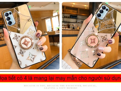 Ốp lưng Oppo Reno 5 LT Rhinrstone Mirror cỏ 4 lá đính đá