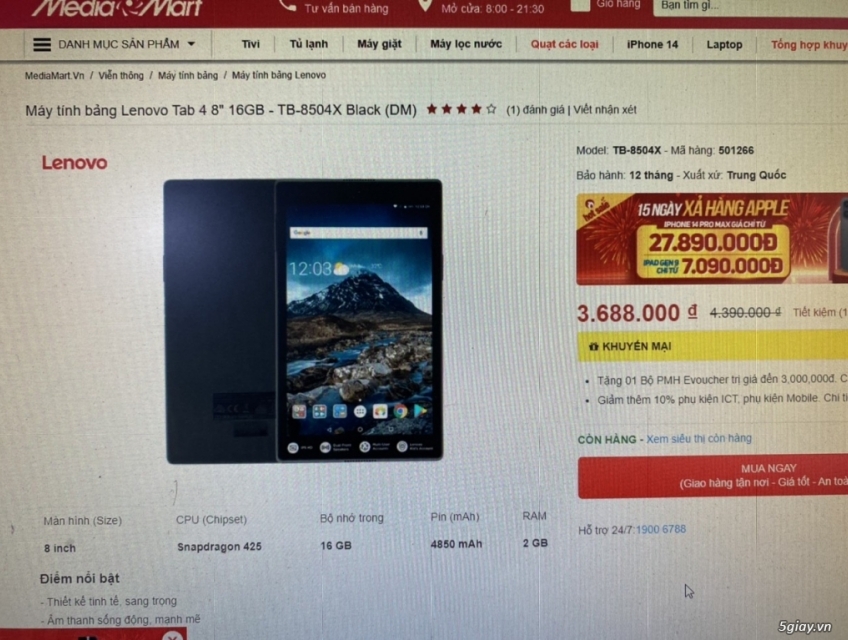 Bán máy tính bảng lenovo tab4 8inch giá siêu rẻ