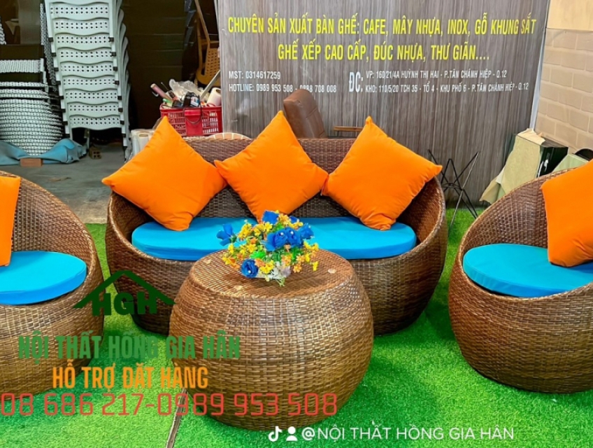Bàn ghế trứng tròn nhựa giả mây
