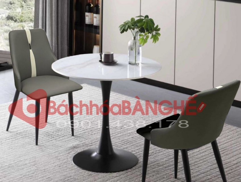 Bộ bàn tròn tulip mặt đá ghế da lưng phối sọc cafe tiếp khách 241