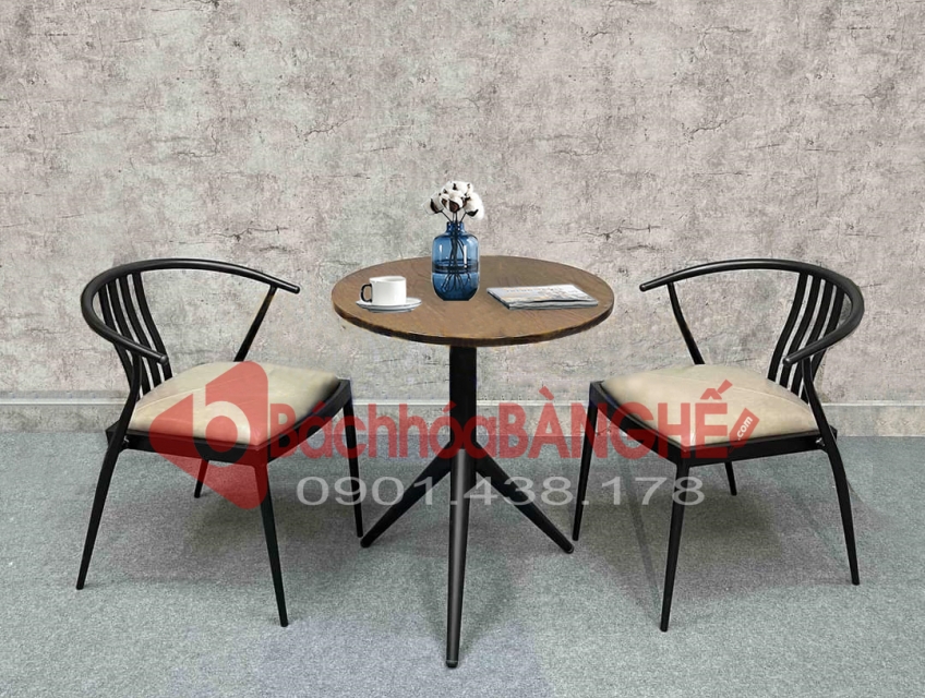 Bộ bàn ghế cafe bàn gỗ cao su chân sắt ghế sắt nệm simili tại HCM
