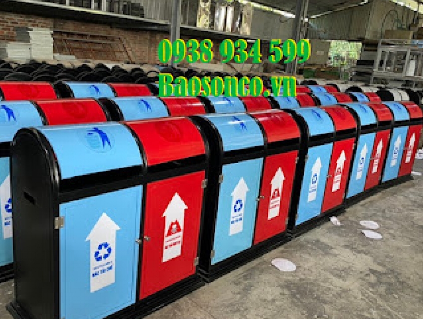 Thùng rác 2 ngăn thép 120 lít, thùng phân loại rác 2 ngăn thép  120 lít