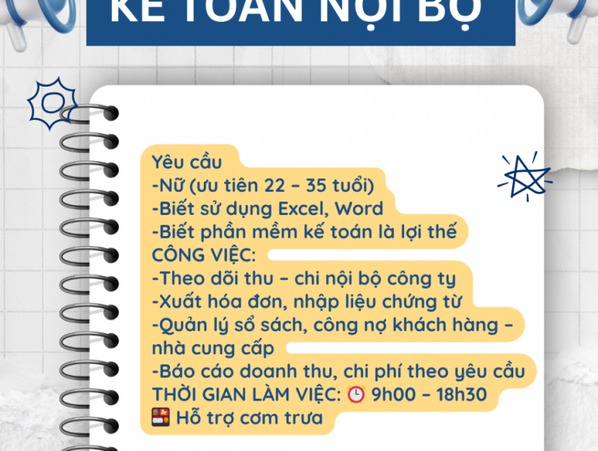 Tuyển Kế toán nội bộ Bình Thạnh