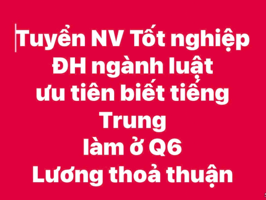 Tuyển NV Tốt nghiệp ĐH ngành luật ưu tiên biết tiếng Trung làm ở Q6