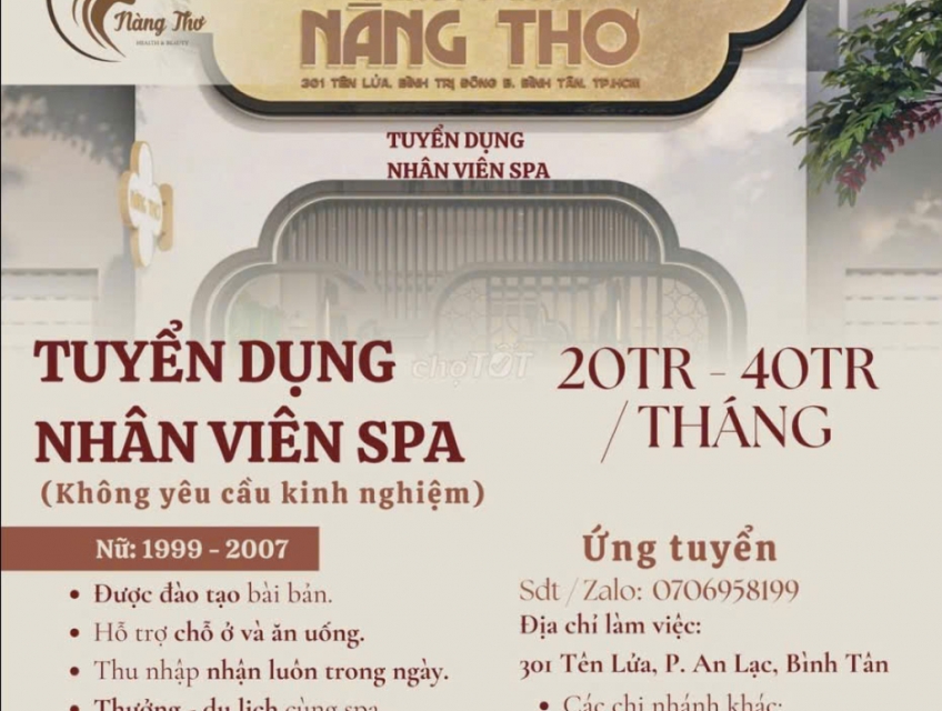 NÀNG THƠ SPA tuyển KTV SPA không yêu cầu kinh nghiệm