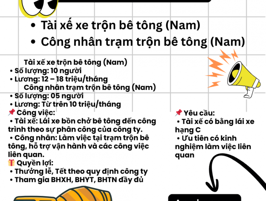 Tuyển Tài xế và công nhân trộn bê tông Dĩ An