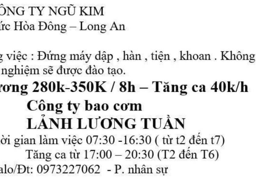 CTY NGŨ KIM tuyển LĐPT đi làm ngay tại Long An