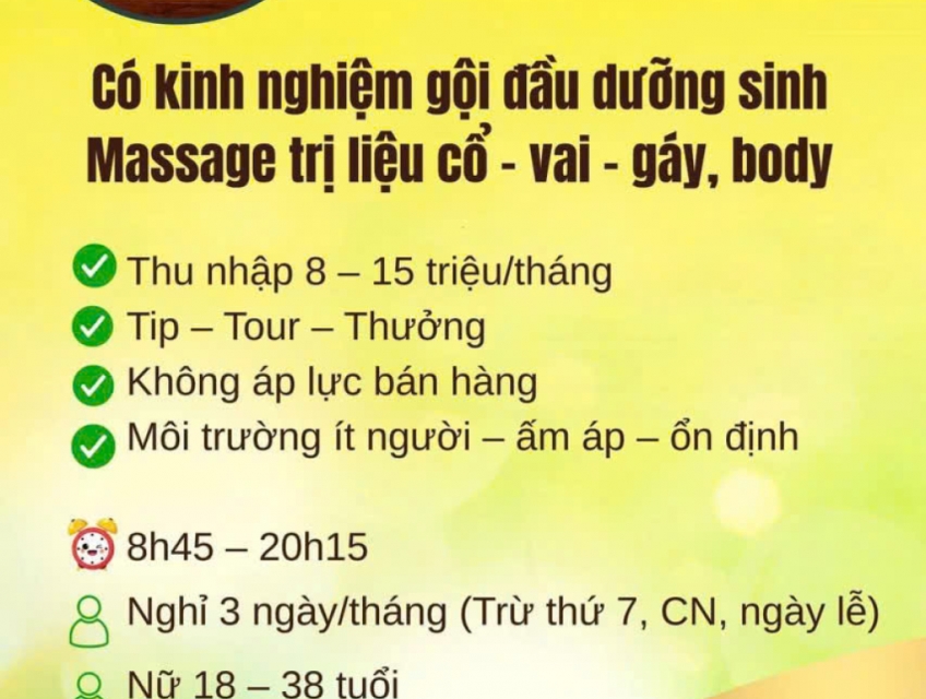 Tuyển CTV nữ massage cổ vai gáy, body làm Lái Thiêu Bình Dương