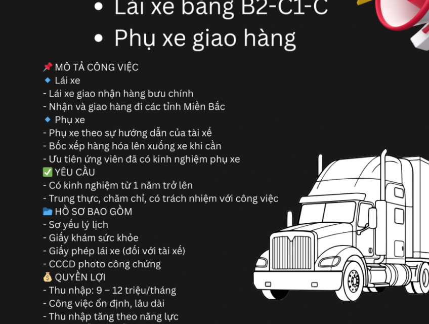 Tuyển Lái xe, Phụ xe giao hàng Sóc Sơn