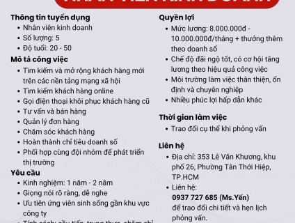 VŨ YẾN FOOD tuyển NVKD tư vấn bán hàng làm tại Q12