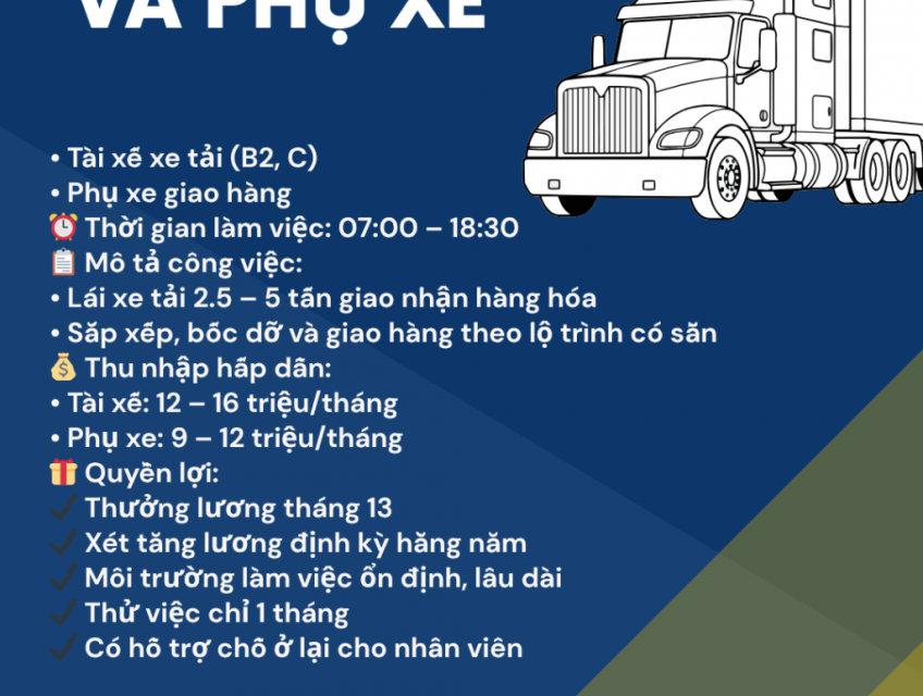 Tuyển dụng Tài xế và phụ xe Đức Hoà