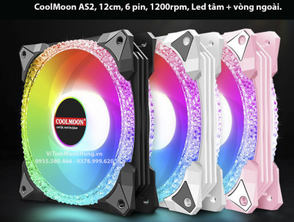 Quạt CoolMoon AS2, 12cm, 6 pin, 1200rpm, Led tâm + vòng ngoài, mẫu mới