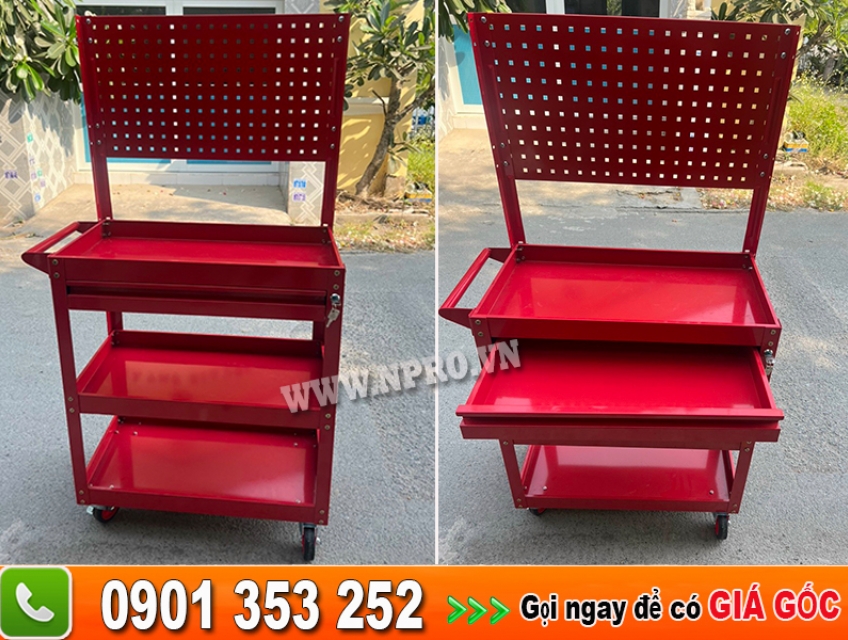 Xe đẩy đựng đồ nghề 4 ngăn kèm bảng treo màu đỏ