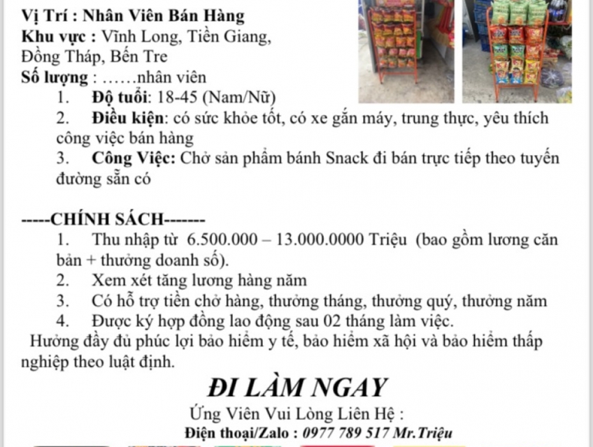 Tuyển NVBH các mặt hàng bánh snack Nhật Bản làm các tỉnh miền tây