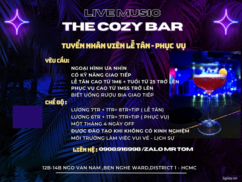 THE COZY BAR LIVE MUSIC tuyển lễ tân, phục vụ & CSKH làm tại Q1