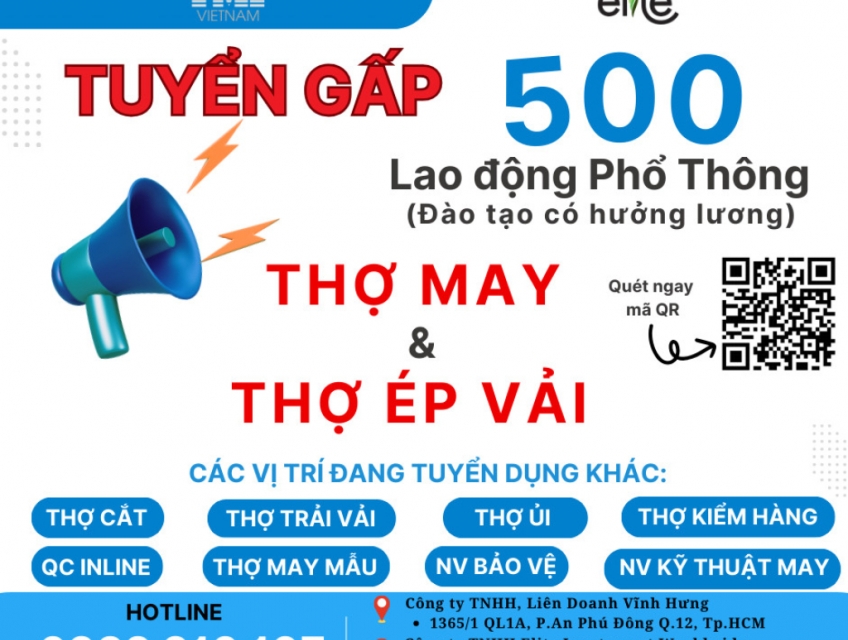 Tuyển 500 thợ may và thợ ép vải làm tại Q12 chế độ đãi ngộ tốt