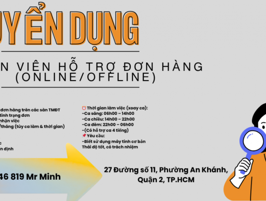 Tuyển Nhân viên hỗ trợ đơn hàng Quận 2