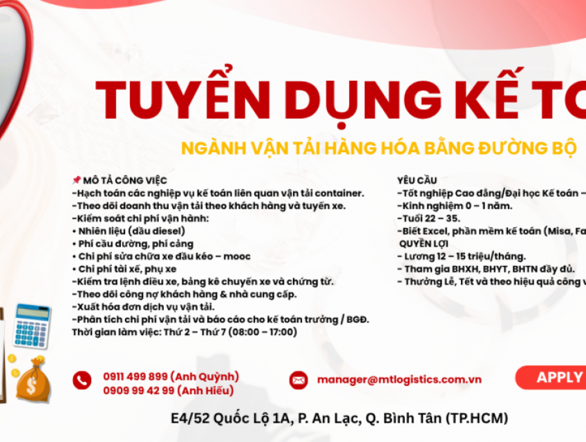 Tuyển Kế toán nghành vận tải hàng hóa Q. Bình Tân