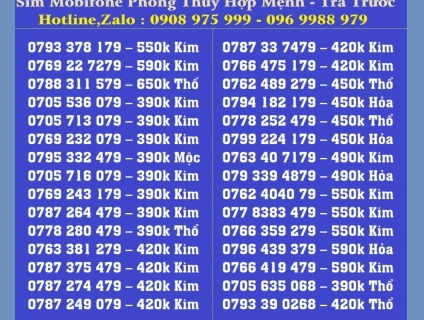 Sim phong thủy hợp tuổi, hợp mệnh, số vip làm hotline, trả trước.
