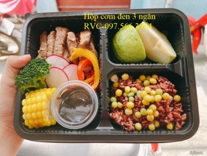 Hộp Cơm Nhựa Đen 3 Ngăn Dùng 1 Lần Mang Về