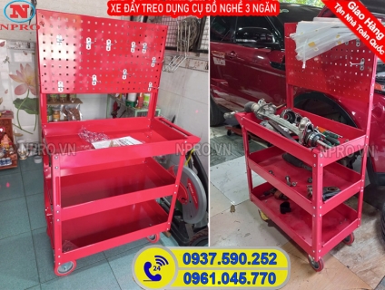 Xe đẩy đựng đồ nghề 3 ngăn kết hợp bảng treo dụng cụ - Thiết bị gara