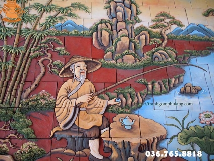 Hình ảnh tranh gốm  Lã Vọng Câu Cá Đẹp