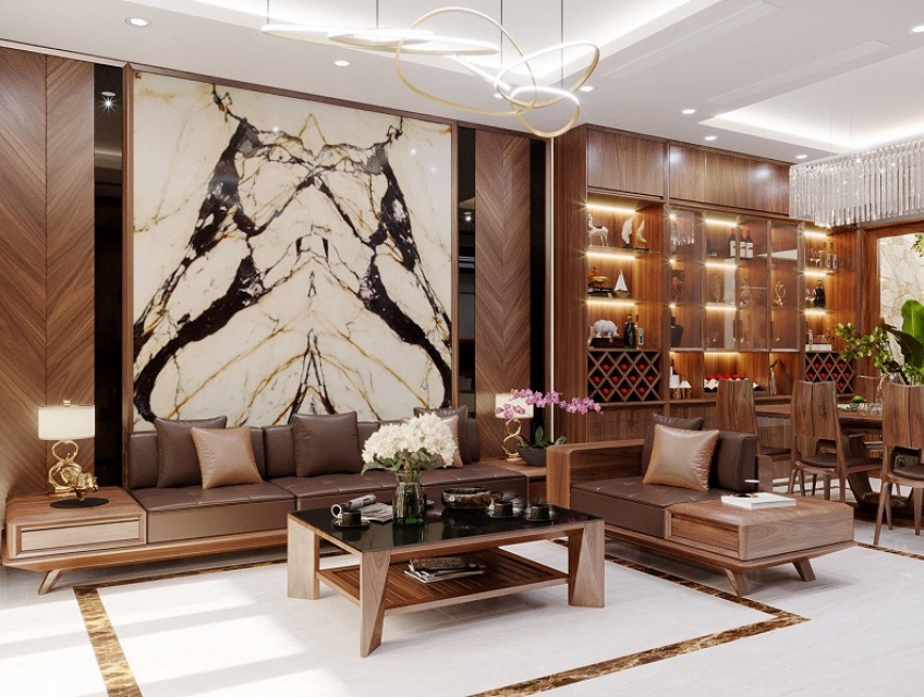 Gỗ thiết kế nội thất phòng khách tăng thêm độ sang trọng