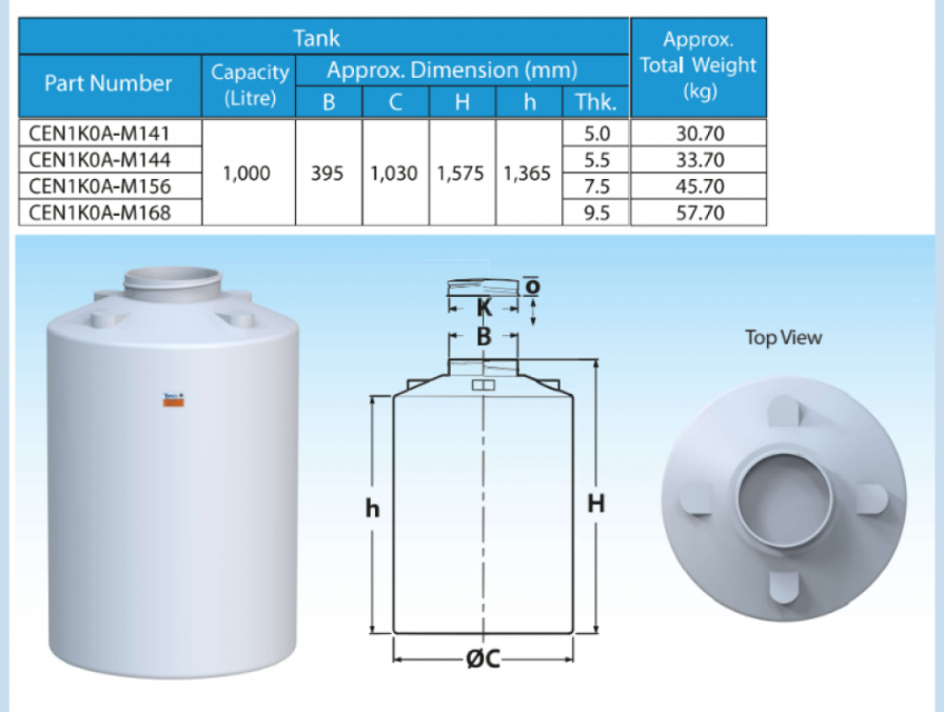 Bồn chứa hóa chất TEMA mẫu CEN A loại 1000 lít CEN1K0A M141N