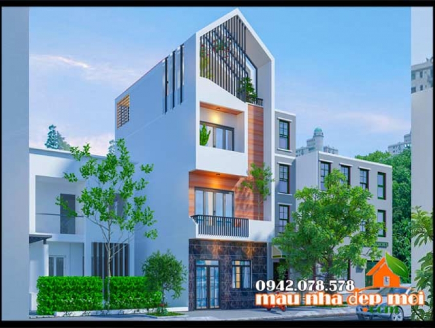 Mẫu thiết kế mặt tiền nhà ống đẹp 5x10m kiền trúc 4 tầng mái dốc