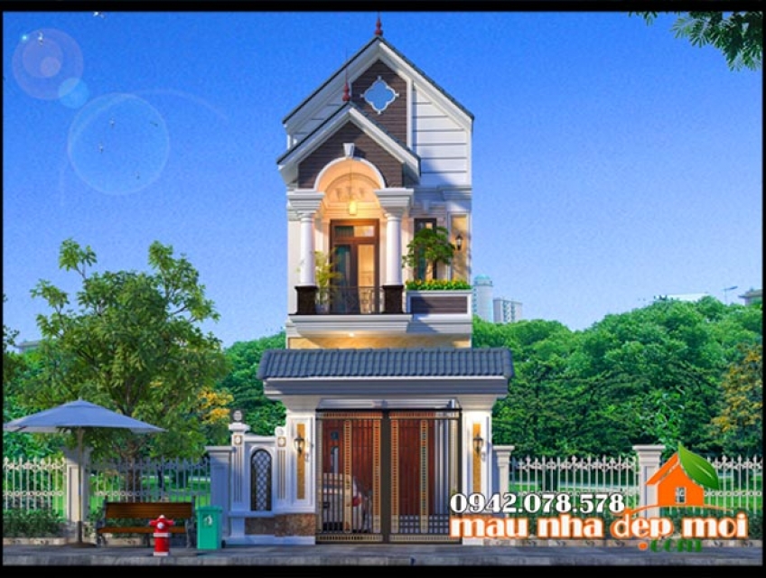 Mẫu nhà phố 2 tầng có gác lửng 5x20m phong cách tân cổ điển tuyệt đẹp
